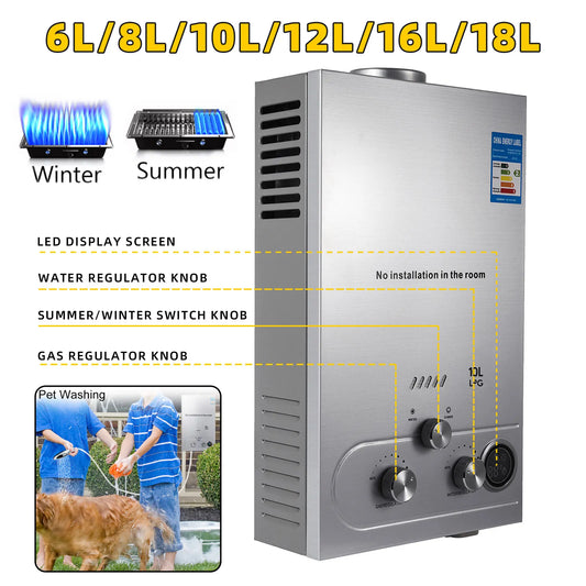 VEVOR Propane Gas Heater Instant Water Heater 6L/8L/10L/12L/16L/18L Water Heater 36KW Tank Tankless Stainless Steel Water Heater