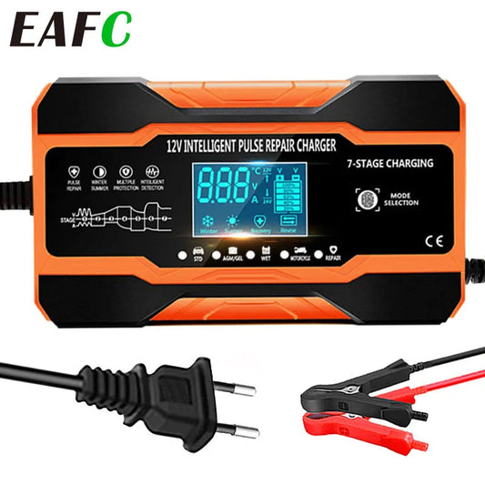 EAFC 12V 12A Car Battery Charger 240W Fully Automatic Pulse Repair Charging Suitable for Car Motorcycle AGM GEL WET Lead Acid