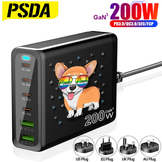 PSDA 3D UV 200W GaN 6 Ports USB C Power Adapter PD 45W Fast Charger Type-C Charging Station for MacBook iPad iPhone 14 Samsung