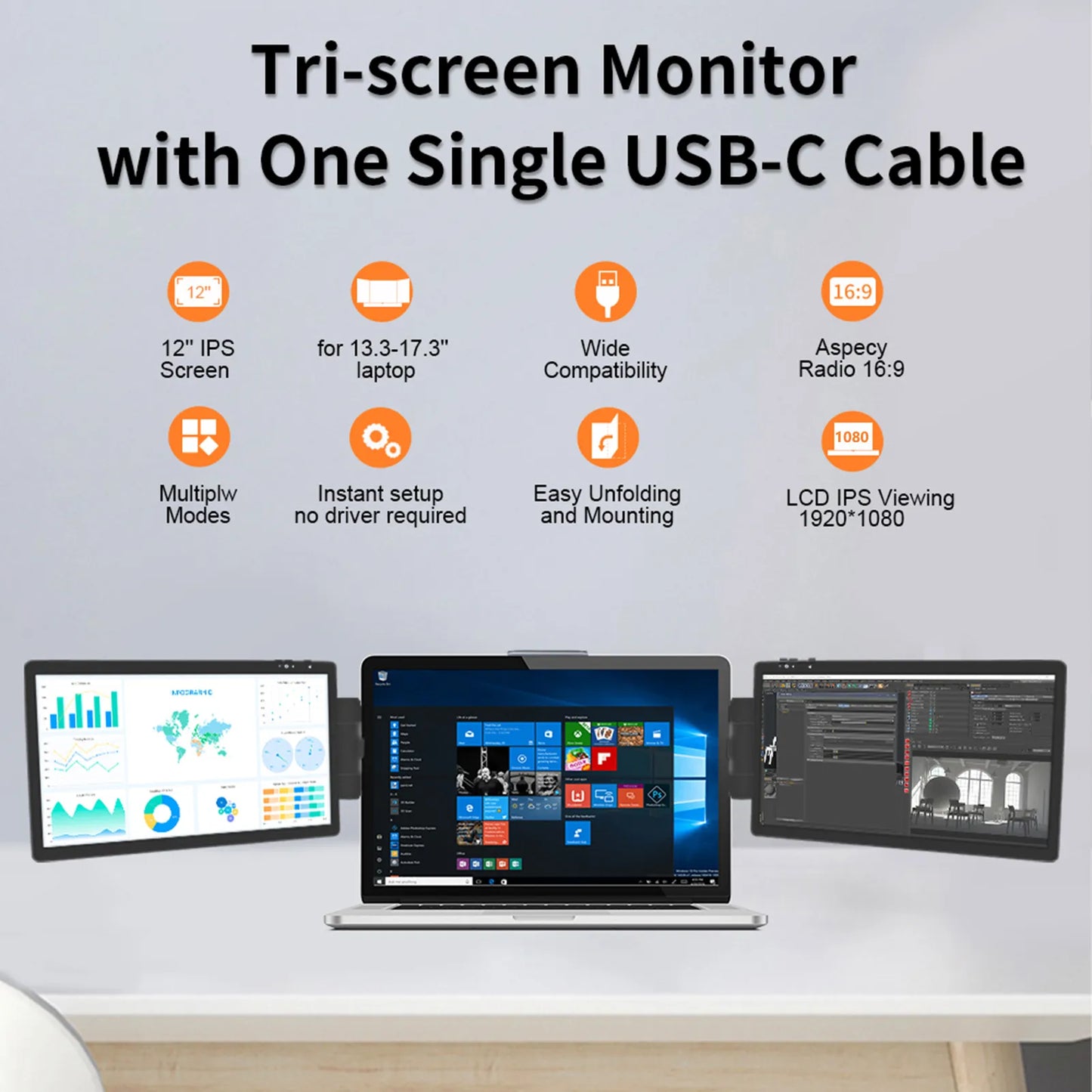 Original Portable Monitor for Laptop 12" Detachable Triple monitor with Kickstand 1080P HDR IPS Dual Extender Screen for 13-16.5