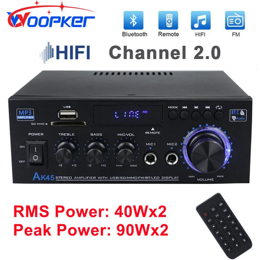 AK45 HiFi Digital Amplifier Bluetooth MP3 Channel 2.0 Sound AMP Support 90V-240V for Home Car MAX 350W*2 FM Bass Speaker