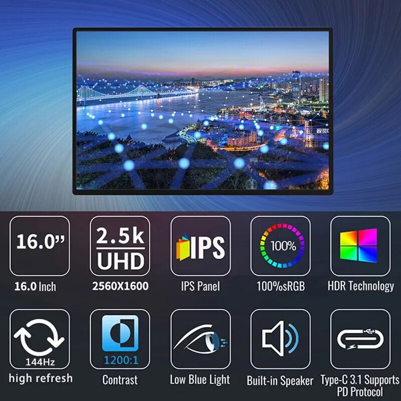 Bimawen 16 Inch 2.5K 144Hz Portable Monitor 2560X1600 100 Adobe SRGB Display Game Screen For Laptop Mac Phone Xbox PS4/5 Switch